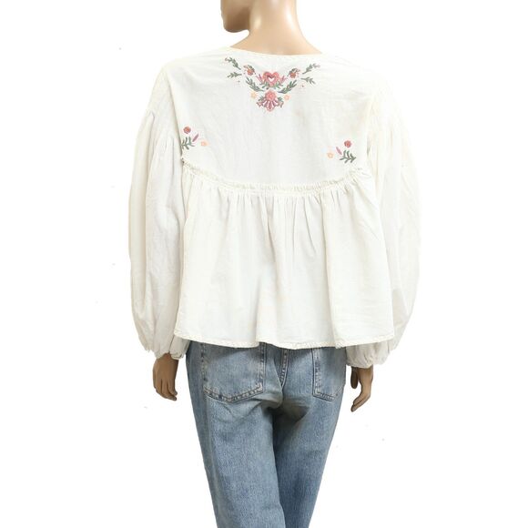 Free People Lucia Blouse Top Floral Embroidered Cotton Balloon Sleeve S 283596 - Picture 7 of 8